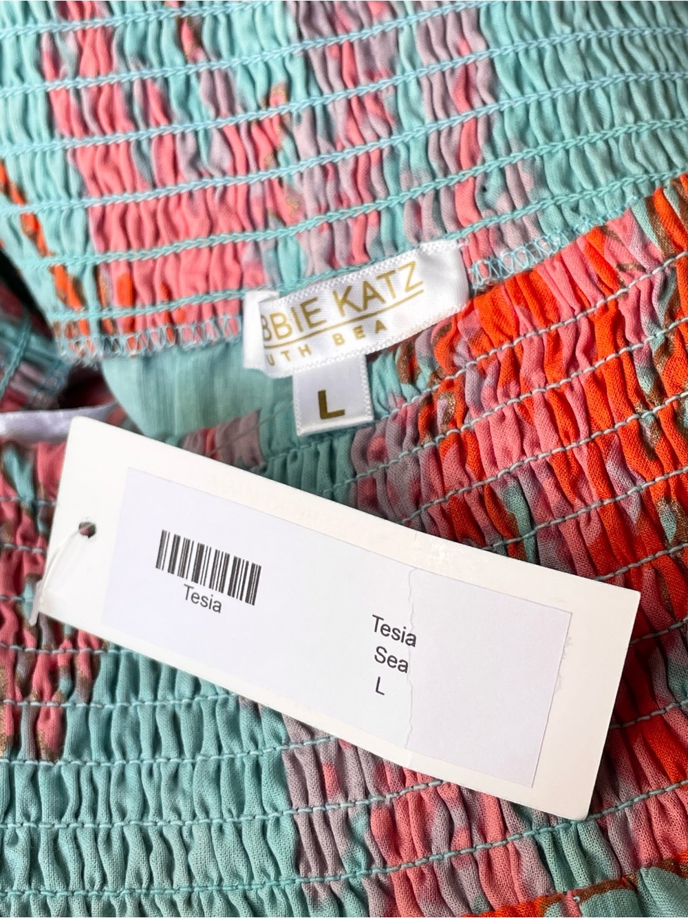 Debbie Katz Tala Pant Sea, Boho Wide-Leg Tiered Pants in Aqua & Coral - L - Picture 9 of 10